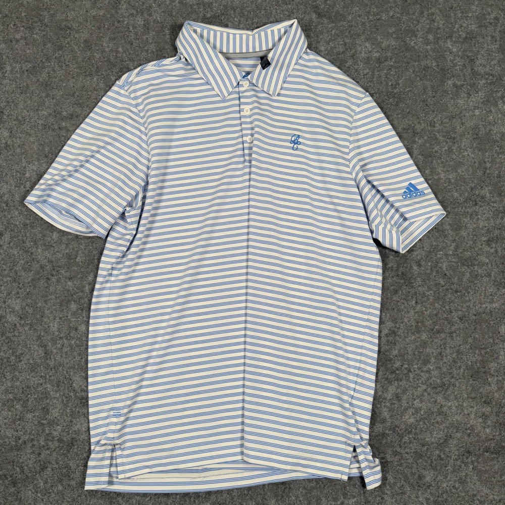 Adidas Polo Shirt Mens Large L Blue White Striped Performance Short Sleeve Golf